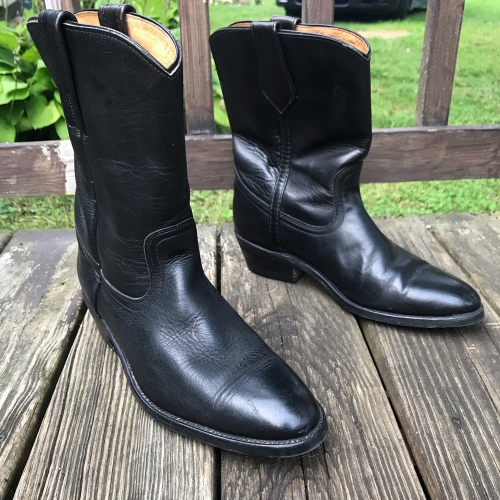 Men's 10D FRYE Black Leather Pull On Short Boots USA Motorcycle Western NICE